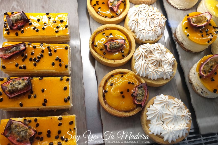 Madeira Island pastries with passion fruit. Maracuja cakes. Portuguese coffee.