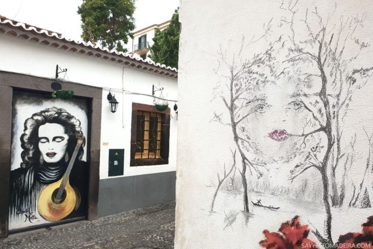 Stare Miasto w Funchal (Zona Velha) - sztuka uliczna, murale i kolorowe drzwi Funchal. Projekt "Sztuka Otwartych Drzwi". Amalia Rodrigues - Królowa Fado