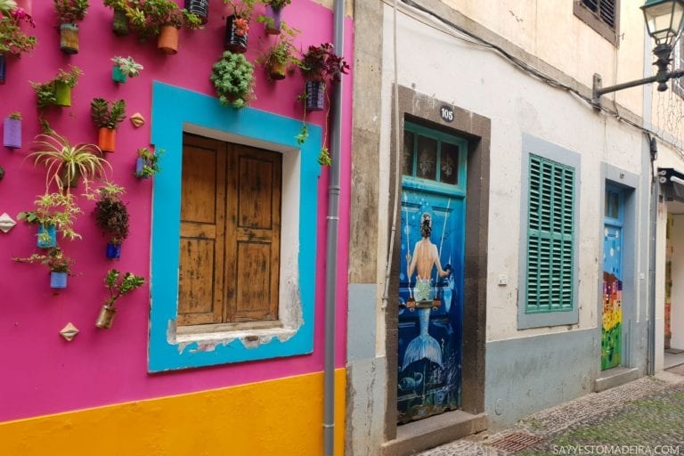 Funchal Gems: Painted doors on Rua de Santa Maria. Old Town street art project “Art of the Open Doors”: Blue Mermaid with a Dolphin || Kolorowe drzwi Funchal – Sztuka Otwartych Drzwi na ulicy Rua de Santa Maria. Sztuka uliczna na Starym Mieście w Funchal: Niebieska Syrenka z Delfinem #madeira #portugal #streetart