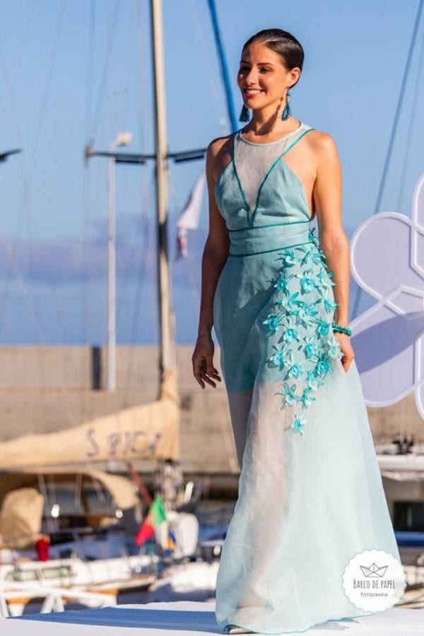 Turquoise floral dress - long turquoise dress - maxi turquoise dress presented during Madeira Flower Collection fashion show Madeira Island Kwiecista turkusowa suknia podczas pokazu mody w Portugalii
