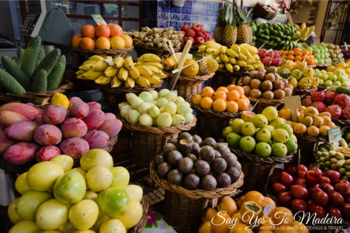 Mercado dos Lavradores - Farmer's Market Funchal. Fruit, vegetable, flower and fish market Madeira Island. Exotic fruit Madeira.